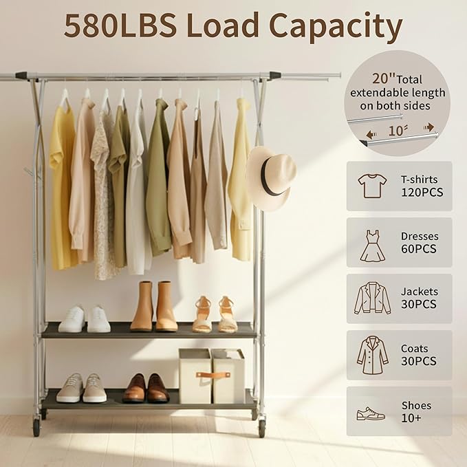 HAPPY CHEERS Heavy Duty Clothes Rack,Double Rods Clothing Rack for Hanging Clothes,Rolling Clothing Racks with Wheels,Metal Garment Rack for Bedroom Laundry Living Room,Silver