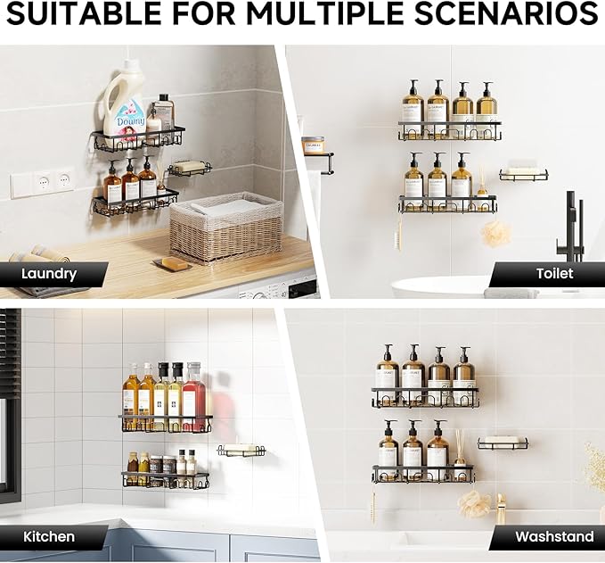 Shower Caddy, 3 Pack Shower Shelves, Rustproof Adhesive Bathroom Organizer with Soap Holder, No Drilling Washroom Organizers and Storage for Bathtub Room/Kitchen/Home, Matte black