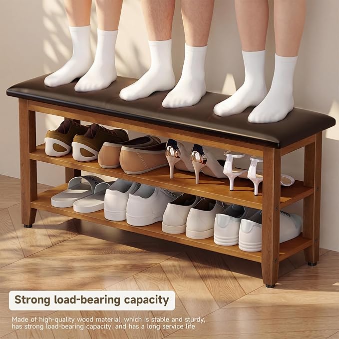 Shoe Bench with Leather Cushion,Wood Bench with Shoe Rack,2-Tier Shoe Storage Organizer for Entryway,Hallway,Living Room (2-Tier-39.4", Rubberwood)