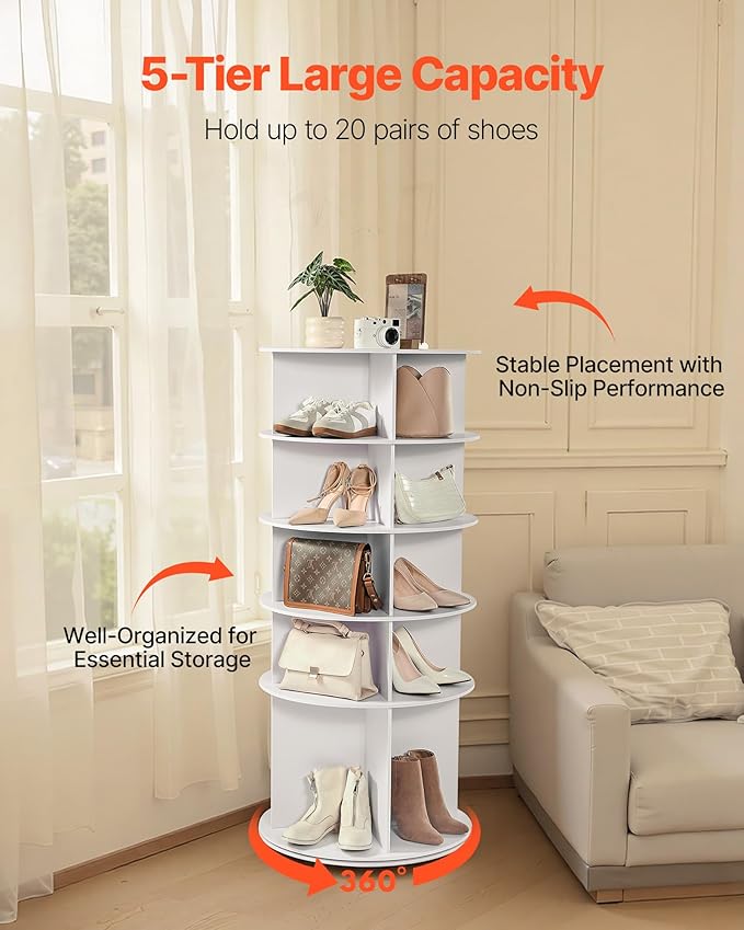 VEVOR 5 Tiers Rotating Shoe Rack Tower, 360° Spinning Shoe Rack, Revolving Storage Round Carousel Display, Freestanding Lazy Susan Organizer Display for Bedroom, Living Room, Entryway, Closet, White