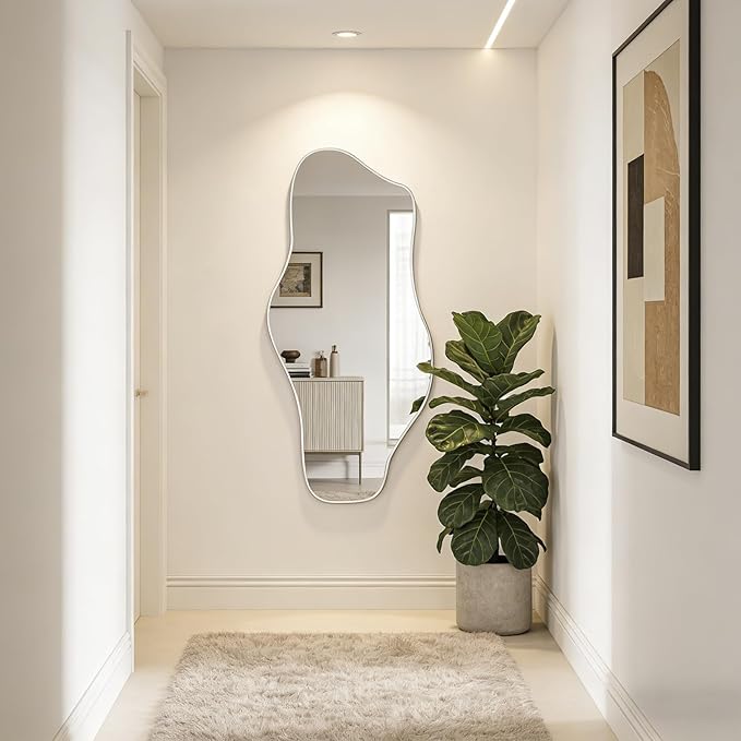 Irregular Frameless Mirror, 54.5"x24" Asymmetrical Tempered Glass Mirror, Modern Silver Organic Wall Mirrors for Living Room Bedroom Hallway Entryway, Horizontal or Vertical Hanging