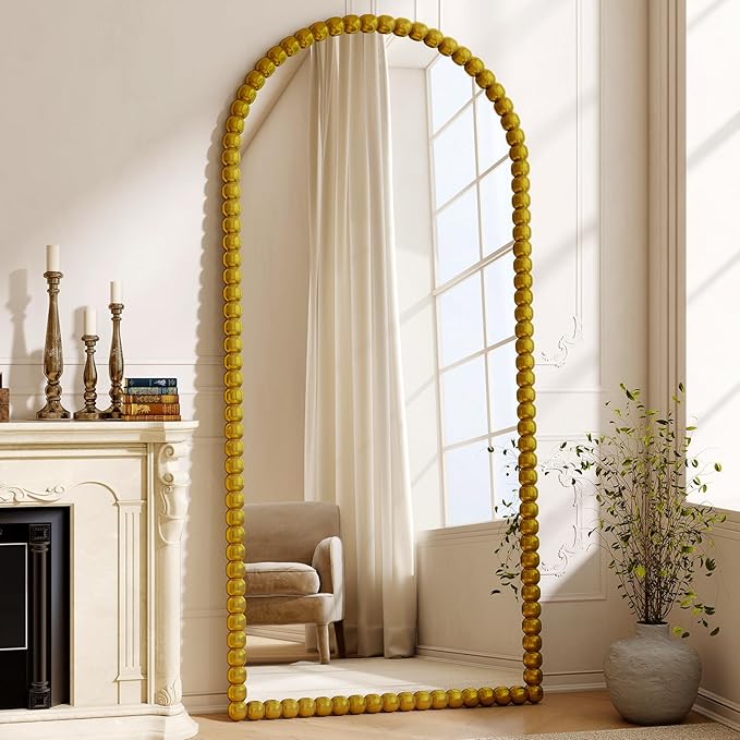 34"x76" Gold Arched Full Length Mirror, Vintage Beaded Decorative Floor Full Body Dressing Mirror as Room Decor Hanging Leaning Standing for Living Room, Bedroom, Vanity Area