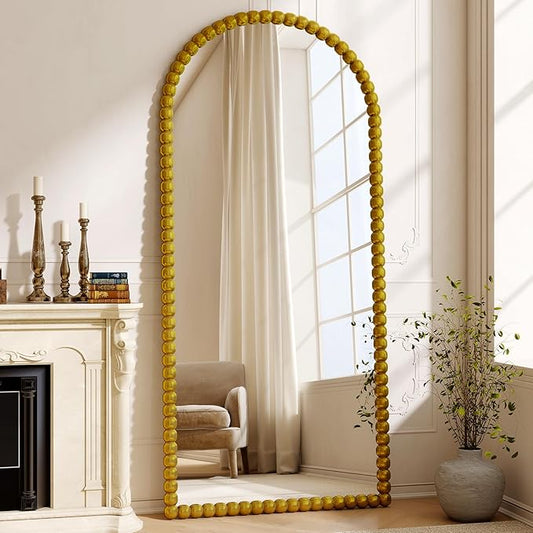 34"x76" Gold Arched Full Length Mirror, Vintage Beaded Decorative Floor Full Body Dressing Mirror as Room Decor Hanging Leaning Standing for Living Room, Bedroom, Vanity Area