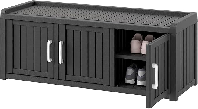 KAMABOKO Outdoor Shoe Storage Cabinet Waterproof UV-Resistant, Entryway Storage Bench Indoor Outdoor with 3 Barn Doors, Adjustable Shelves for Entryway, Bedroom, Hallway,Living Room(Black)
