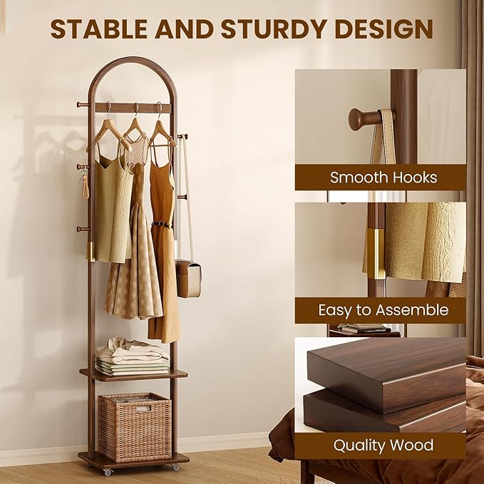 15.9" Narrow 3-in-1 Rolling Clothing Rack,Wooden Coat Rack with Wheels, 2 Shelves and 5 Hooks, Solid Rubber Wood Coat Rack with Shelves for Entryway, Bedroom, Living Room, Walnut