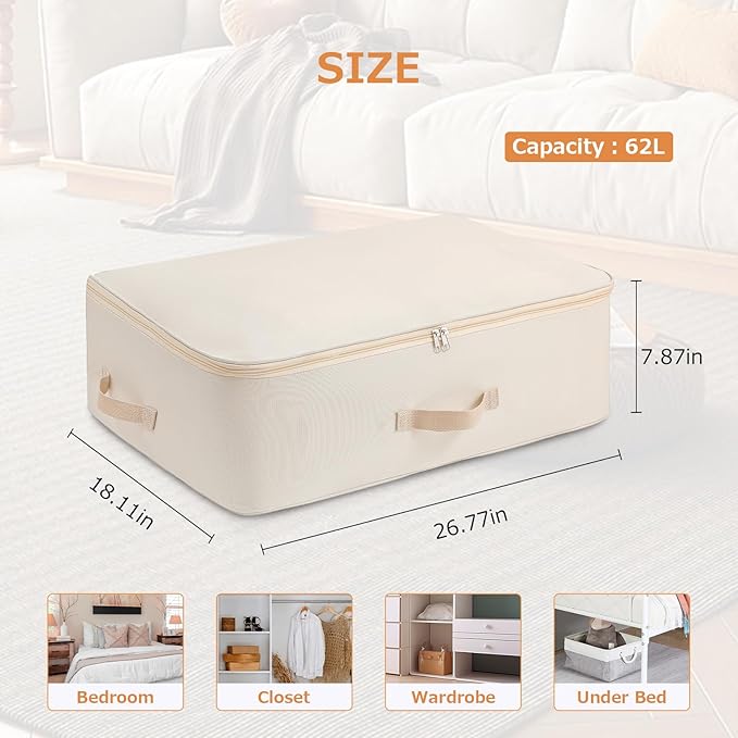 Surblue Clothing Storage Bags Clothes Organizer with Reinforced Handle Foldable Under Bed Storage Bags for Blankets Comforters Quilt Bedding Pillow,3Pcs, Beige