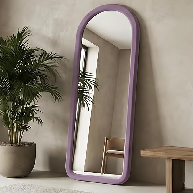 Full Length Mirror 56"x20" Arch Floor Mirror with Stand Arched Full Body Mirror Standing Hanging or Leaning Against Wall for Bedroom Flannel Wrapped Wooden Frame Purple