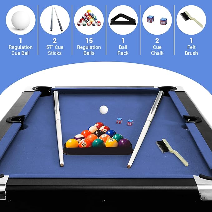 7 Foot Pool Table for Family, Foldable No Assembly Pool Table with Balls, Cues, Chalk, Rack & Brush, Portable Billiards Game Table for Apartment, Basement, Office & Game Room