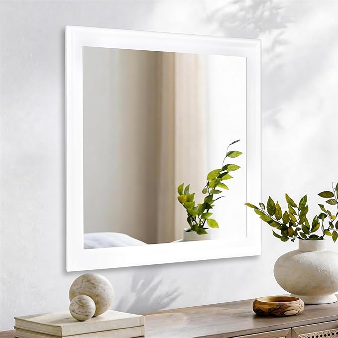 CULER White Wood Wall Mirror for Bathroom,Rectangle 30 x 30 inch Hanging Vanity Mirrors with Wooden Frame for Living Room,Bedroom,Entryway