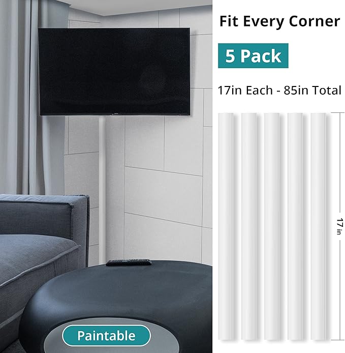 85in Corner Cord Hider, Large Capacity Wire Covers for Cords, Cord Concealer Paintable Corner Cord Cover, Quarter Round Cable Raceway for Wall, Floor, Baseboard, Ceiling, 5 x L 17in, Beige
