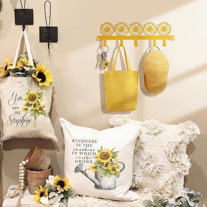 AceOrbit Sunflower Over the Door Hooks Coat Rack Wall Mounted Decorative Yellow Metal Hanger Sunflower Wall Art Decor Key Holder with 5 Hooks for Coat, Towel, Hat, Bag, Bathroom Home Kitchen Office