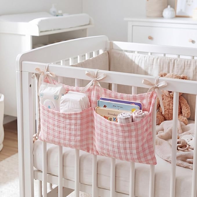 Gingham Crib Organizer Hanging Cotton Baby Bedside Hanging Storage Bag Storage Crib Organizer Baby Nappy(Pink)