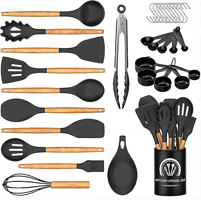 Silicone Cooking Utensils Set, 33PCS/446°F Heat Resistant Food Grade Silicone Kitchen Gadgets, Spatula Set w Holder, for Nonstick Cookware (Black)