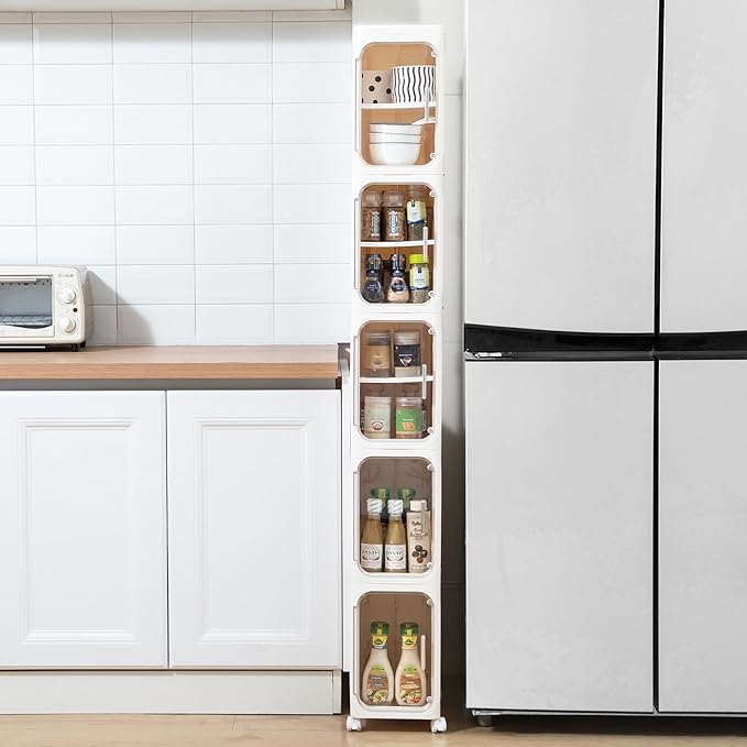 5-Tier Tall Narrow Storage Cabinet, Slim Bathroom Storage Cabinet with Adjustable Shelves and Wheels, Narrow Organizer for Small Space, Bathroom, Kitchen, Laundry, Cream White