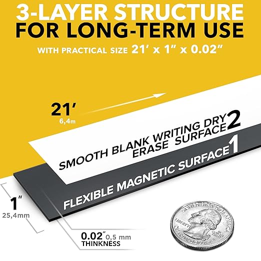 X-bet MAGNET Dry Erase Magnetic Strips - Magnetic Tape Roll - Blank Write On Magnets - Sticky Labels and Stickers - Writable Flexible Magnet Sheet for Whiteboards, Refrigerator and Crafts
