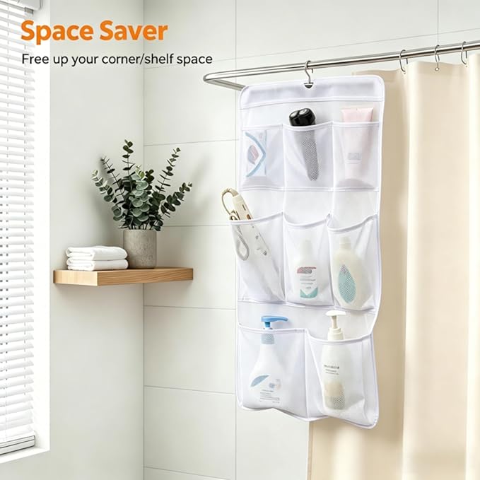 MISSLO 8 Pockets Mesh Shower Organizer Hanging Caddy with Rotating Hanger Quick Dry Bathroom Storage (White)