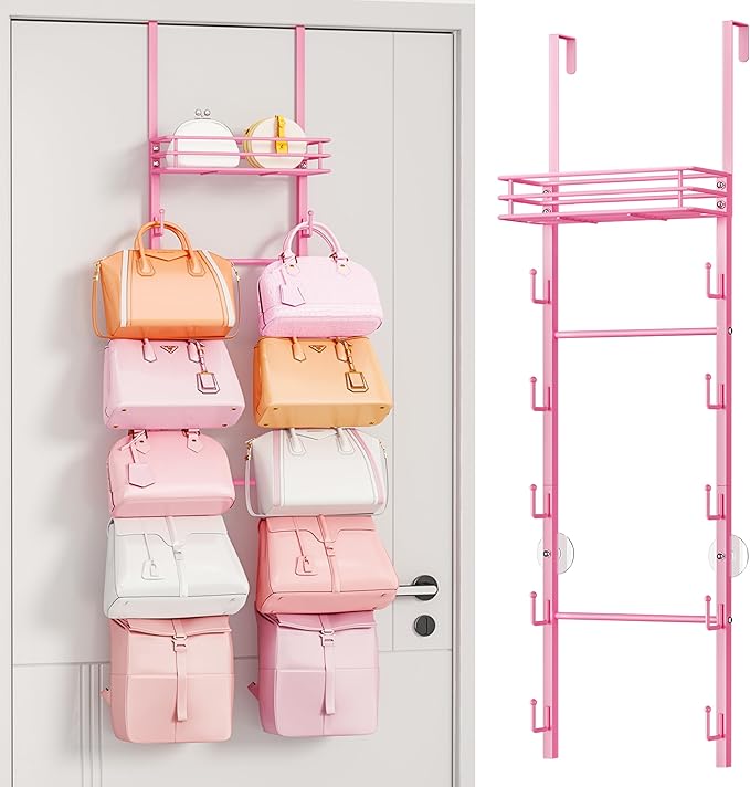 HapiRm Over the Door Purse Organizer - Wall Mounted Purse Rack with 10 Hooks and Metal Basket, Hanging Handbag Organizer Holds up to 10 Bags, Bag Rack Can Use As 1/2 Part, for Door, Closet (Pink)