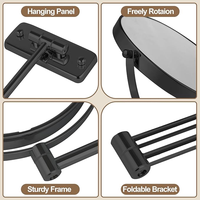 8” Wall Mounted Makeup Mirror with10X Magnification, Double Sided Shaving Mirror Wall Mount for Bathroom, 360° Swivel Extendable Vanity Mirror with Adjustable Arm for Daily Use, Matte Black（No Light）