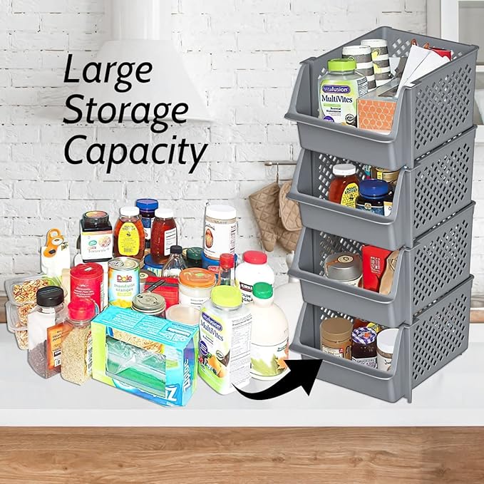 TidyFriend 4 Pack Stackable Storage Bins Open Front for Pantry Organizers and Storage, Pantry Storage for Food, Kitchen and Home Organization, Plastic Storage Bins, Dorm Room Essentials (Grey)