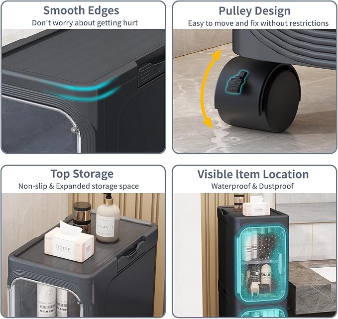 5-Tiers Slim Bathroom Storage Cabinet, Foldable Storage Cabinets,Narrow Bathroom Storage,Movable Bathroom Storage Organizer for Small Spaces,Bathroom,Kitchen,Laundry, Black