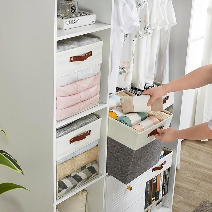 Bagnizer Storage Cubes, 4 Pack Linen Foldable Storage Bins with Clear Window and 2 Handles, 13x15x13 Storage Cube Bins for Shelf Closet, Kallax, Clothes, Books - (Gray / Off-White)
