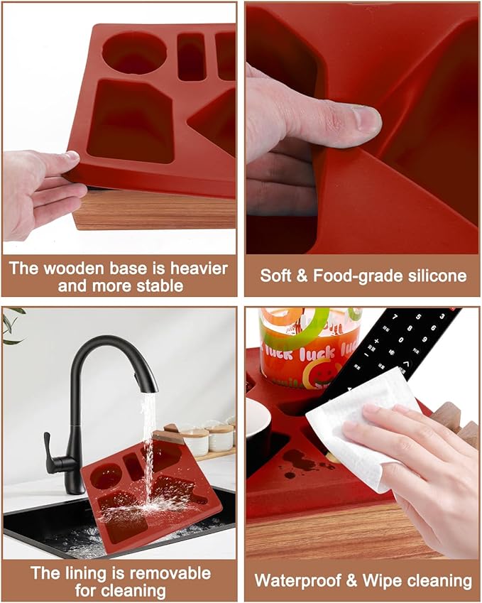 Couch Cup Holder Tray, Silicone Wooden Couch Caddy with Cup Holder for Snacks, Drinks, Remotes, Waterproof Cup Holder for Couch, Organizer, Couch Drink Holder, (red)