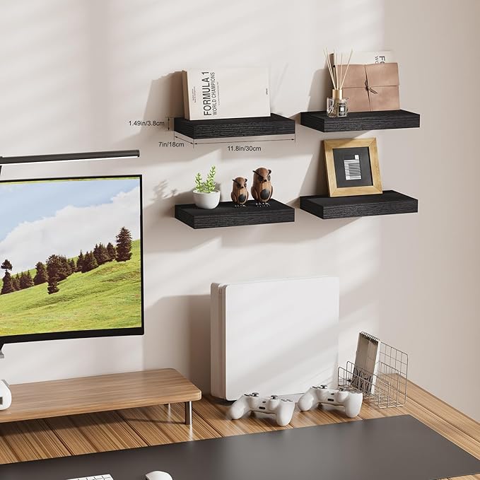 Black Floating Shelves for Wall, Set of 4 Wooden Wall Mounted Shelves for Bathroom Over Toilet, Bedroom, Kitchen, Living Room & Office, Hanging Storage and Wall Decor, 12"x7"x1.5"