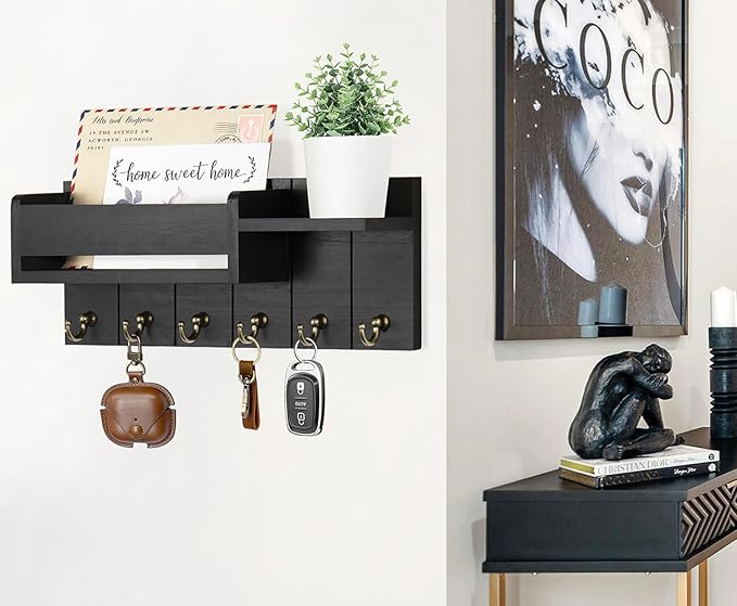 RelaxScene Key Holder Wall Mount - Decorative Key Rack and Mail Organizer with 6 Key Hooks - Wooden Key Hanger with Shelf for Living Room Decor - Rustic Farmhouse Home Entryway Aesthetic Essentials