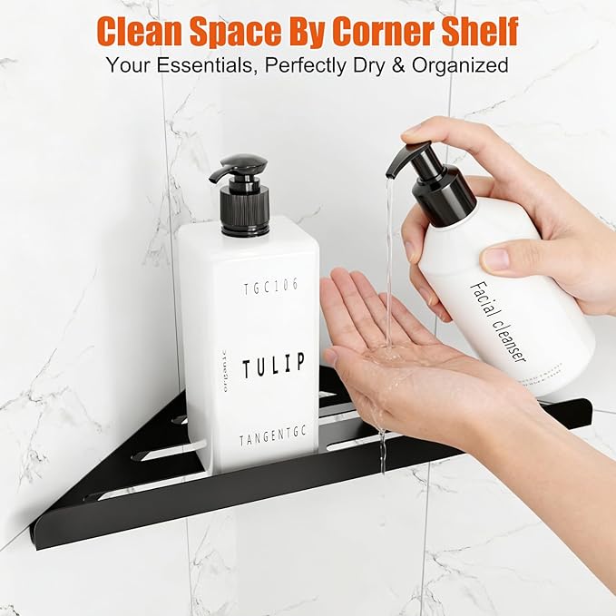 Fikoksol Shower Caddy, 2 Pack Bathroom Corner Shelf, Triangle Shelf Storage for Bathroom Shower, Black Metal Shower Shelf & Rustproof Wall Mounted Adheisve Glue Organizer Accessories and Essentials