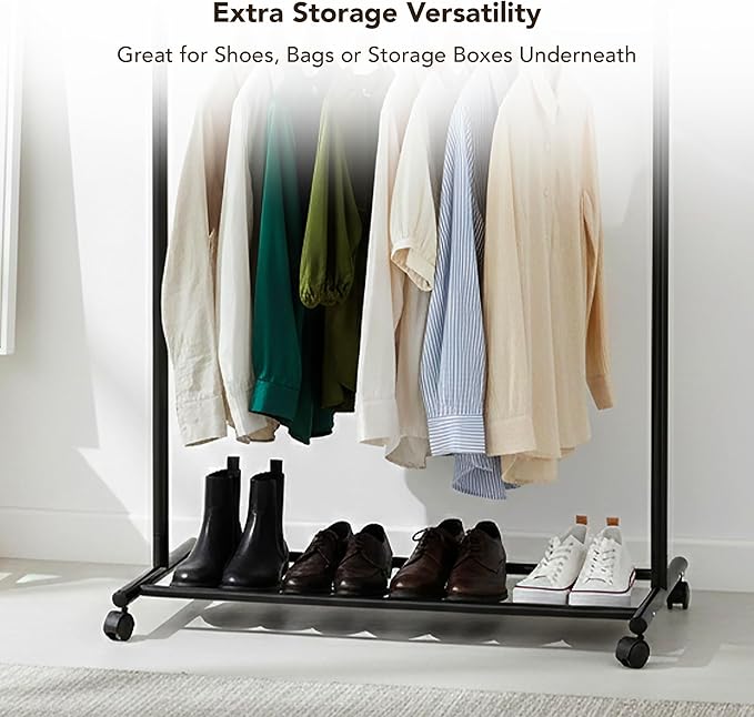 Displays By Jack Double Rail Clothes Rack, Adjustable Rolling Garment Rack on Wheels – Extendable Hanging Rods & Bottom Shelf for Bedroom, Laundry Room, Dorm, Retail