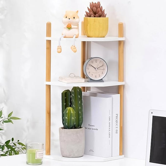 3-Tier Expandable Bamboo Corner Shelf - Dish/Plate Organizer for Cabinet, Kitchen Counter Shelf & Small Kitchen Shelf, Adjustable (White, 1-Pc 11.4" H)