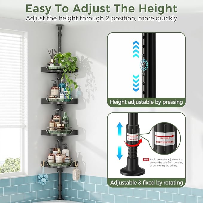 akinbas Shower Caddy Tension Pole with 4 L-Lazy Susan Organizer 360 Rotating 35-128 Inch No Drilling Floor Standing Shelves Adjustable Shower Rack for Bathroom Corner (Black+Green)