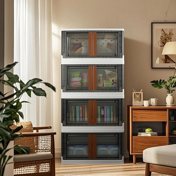Storage Boxes, Extra Large Cabinet with Lids, 19 Gallon(72L) Capacity (Each One), 4 Packs, Useful Box with Door and Buckles, Foldable, Transparent, Excellent Home Organizers
