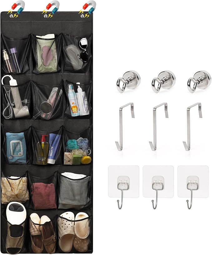 Over The Door Cruise Ship Organizer - Cruise Ship Magnetic Door Organizer with 15 Size-Graded Pockets, Hanging Magnetic Cruise Storage Shoe Rack for Cabin, 2026 Cruise Essential, 9 Hooks(Black)