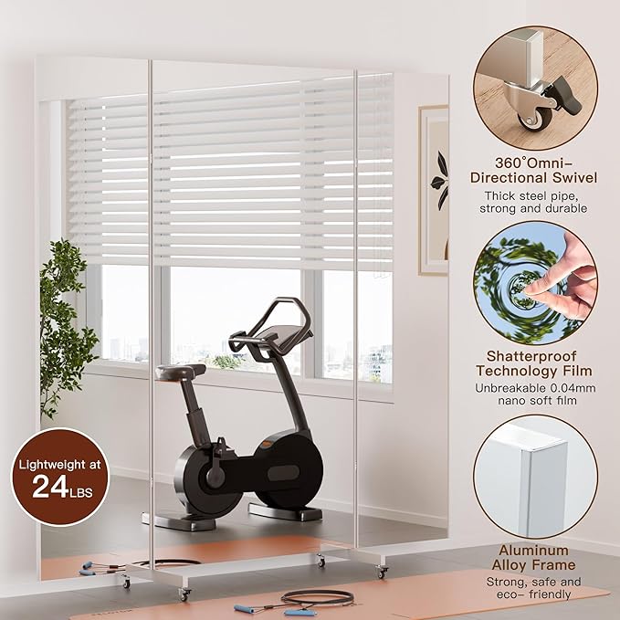brisafe Full Length Mirror with 360° Wheels, 87"x79" Foldable Floor Mirror with Nano-Tech Shatterproof Film - Ultra-Large Mobile Mirror for Home Gym, Dance Studio & Commercial Spaces (White)