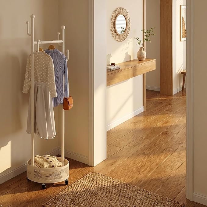 Rolling Coat Rack with Wheels, Freestanding Garment Rack with 6 Hooks & Mesh Storage Basket, Portable Clothing Rack Stand for Entryway, Bedroom, Closet, Cream White(Off-White)