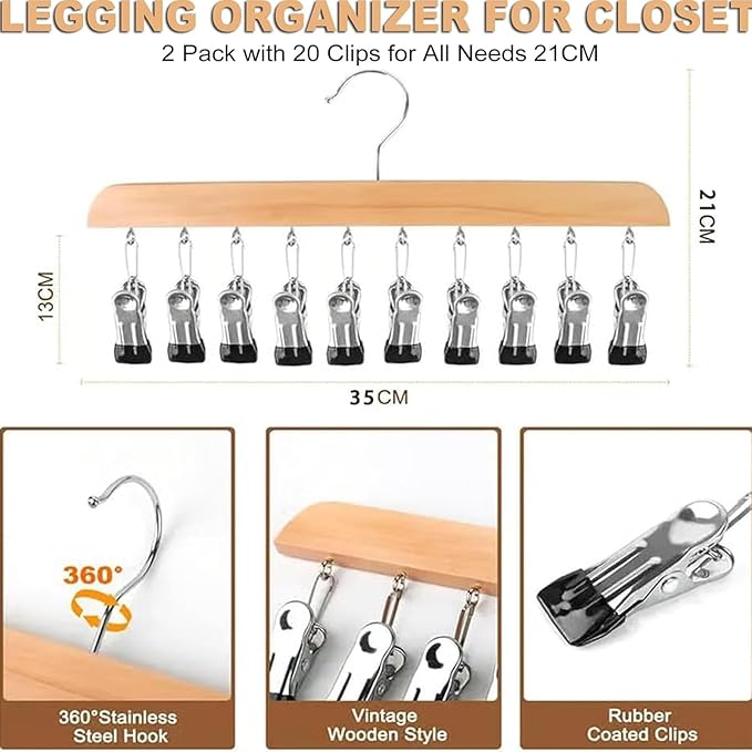 2Pcs Closet Organizer with 10 Clips, 360° Rotating Metal Hanger Clips with Silicone Lining, Space Saving Hanging Closet Organizer, Multi-Purpose Storage Hanger for Jeans Skirts Socks, Vintage Style