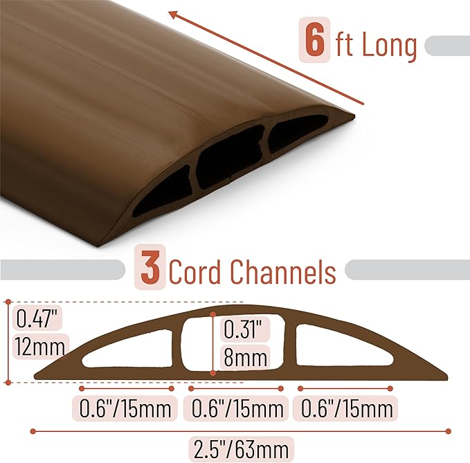 Bates- Floor Cord Cover, 6ft, Cable Cavity 0.6" (W) x 0.31" (H), Heavy Duty Wire Protector, PVC Extension Cords Hider, Protect Cords, Prevent Cable Trips, Cord Hider for Office, Home, Outdoor