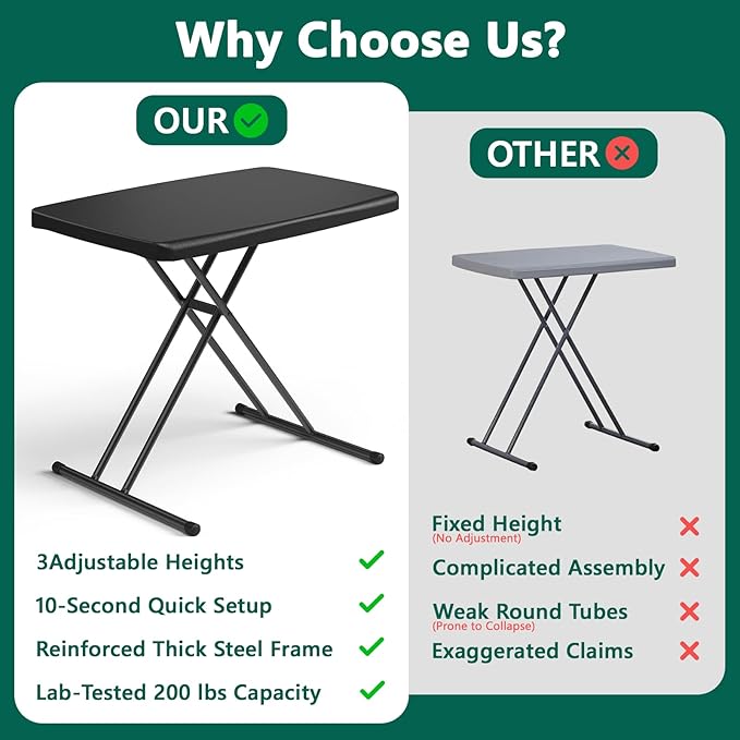 Folding Table 30 Inch -2Pack, Small Desk Adjustable Height TV Tray for Laptop, Couch, Camping - Heavy Duty Utility Foldable Table for Small Spaces, No Assembly Required, Black Granite