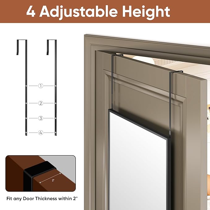 Antok 58''x 20'' Full Length Mirror Over Door, 4-in-1 Standing Leaning Wall Mounted, Adjustable Hanging Mirror for Bedroom Living Room, Black, Rect Corner