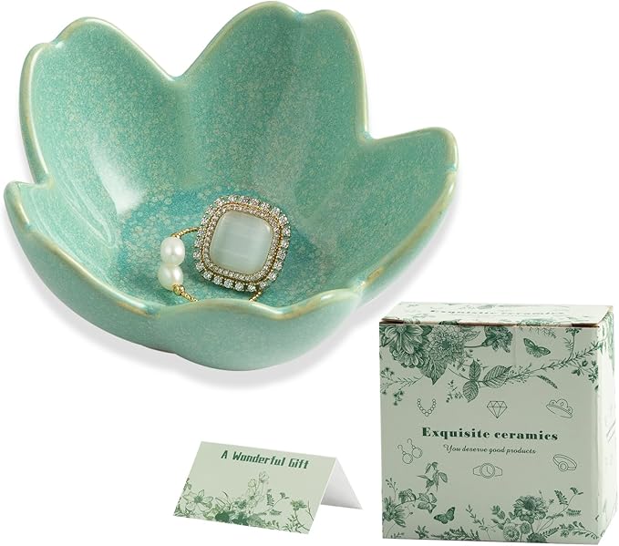 Flower Jewelry Tray Ceramic Ring Dish Jewelry Dish Small Trinket Tray Cute Ring Holder Key Bowl Decorative Plate Gifts For Mom/Sister/Friend, Birthday/Mother's Day/Christmas Gift (dark green)