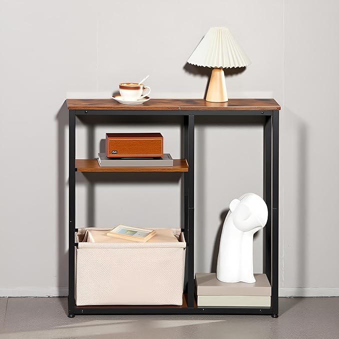 HOOBRO Narrow Console Table with Storage Basket, 29.5" Small Entryway Table with 3-Tier Storage Shelves, Behind Couch Sofa Table, Hallway Table for Living Room, Rustic Brown, Black and Beige BF60XG01