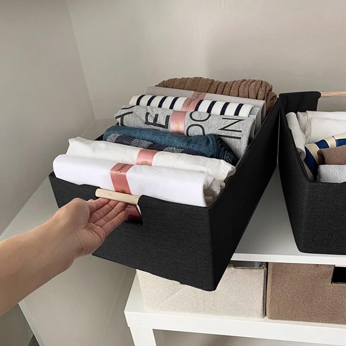 xianshengle Fabric Storage Basket for Shelves, Collapsible Storage Bins with wood Handles, Rectangle Closet Baskets, Wardrobe Organiser, for Sorting Clothes, Family Items (Black) (1)