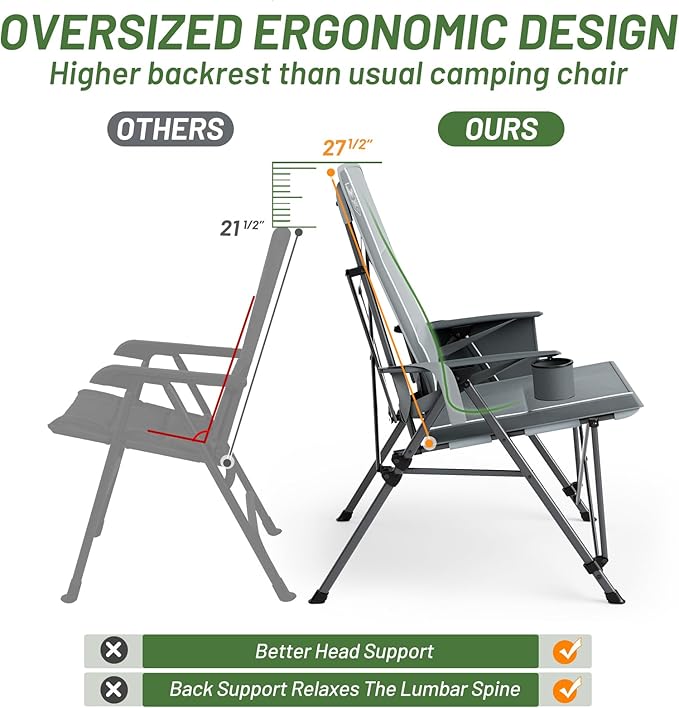 Timber Ridge Oversized Camping Chair with Lumbar Support, Portable Folding Chair Heavy Duty for Adults Supports 450 LBS for Outdoor Camping Lawn, with High Back, Cup Holder, Side Pocket, Grey