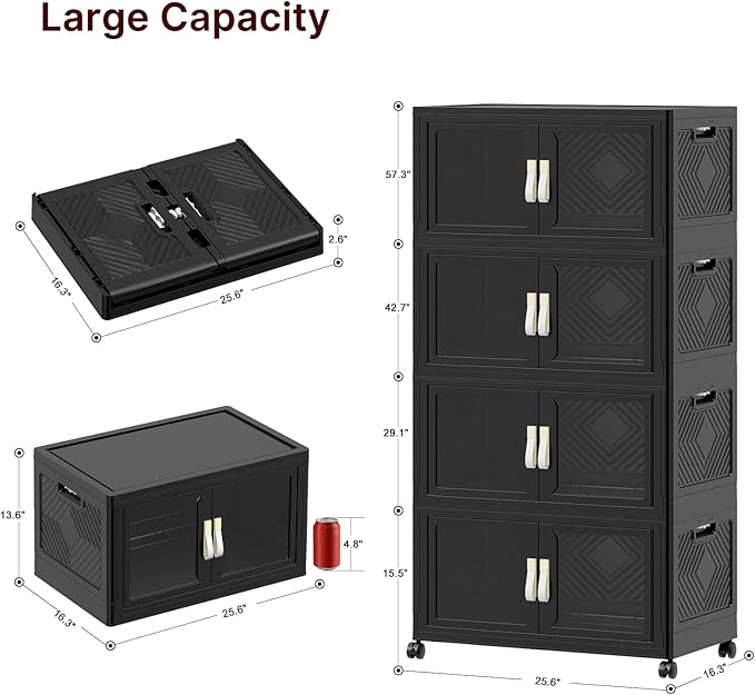 UAMFURI Stackable Storage Bins with Lids, Clear Doors, Large Storage Cabinet Foldable Collapsible Closet Organizers for Bedroom Dorm Office (4, Black, 120, Quarts)