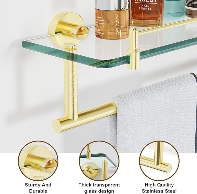 20 Inch Brushed Gold Bathroom Towel Rack with Tempered Glass Shelf, Wall Mounted Towel Holder Storage Organizer for Bathroom