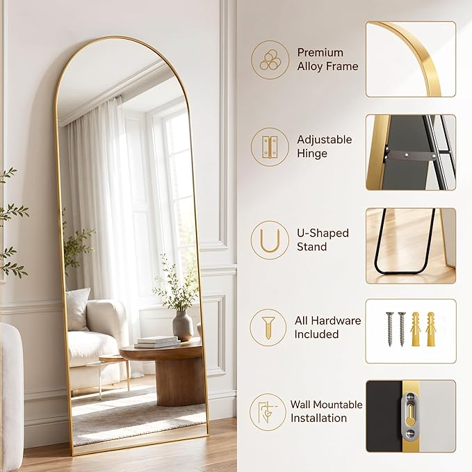 Antok Full Length Mirror, 56"x14" Floor Mirror with Stand, Hanging Mounted Mirrors for Bedroom, Living Room, Cloakroom, Dining Room, Gold, Arch