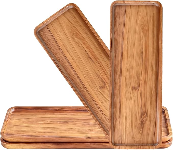 Handcrafted Acacia Wood Serving Tray 4 Pack– Multi-Functional Decorative & Candle Tray, Smooth Polished Surface with Raised Edges，Cheese Board for Food，Kitchen Organization,or Gift-11.4*4.1*0.59 in