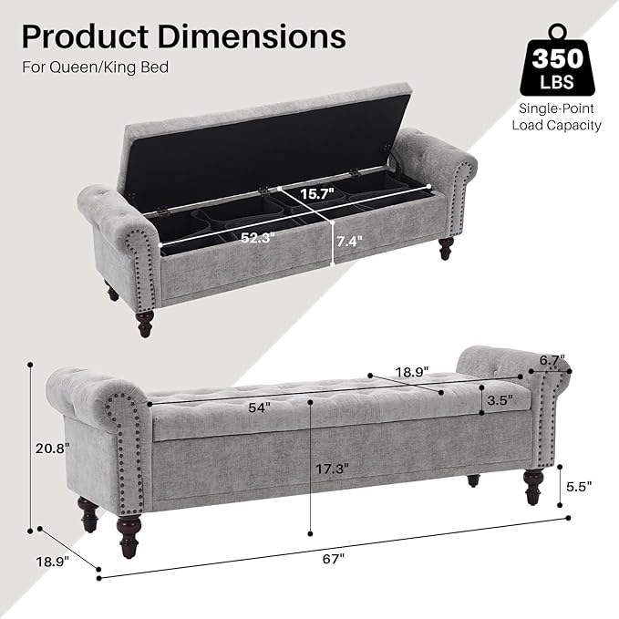 SOFTHION Storage Bench for Bedroom, 67" End of Bed Bench King Size, Upholstered Chenille Storage Ottoman with Tufted Cushioned Rolled Arm Large Storage Space for Living Room Entryway, Light Grey