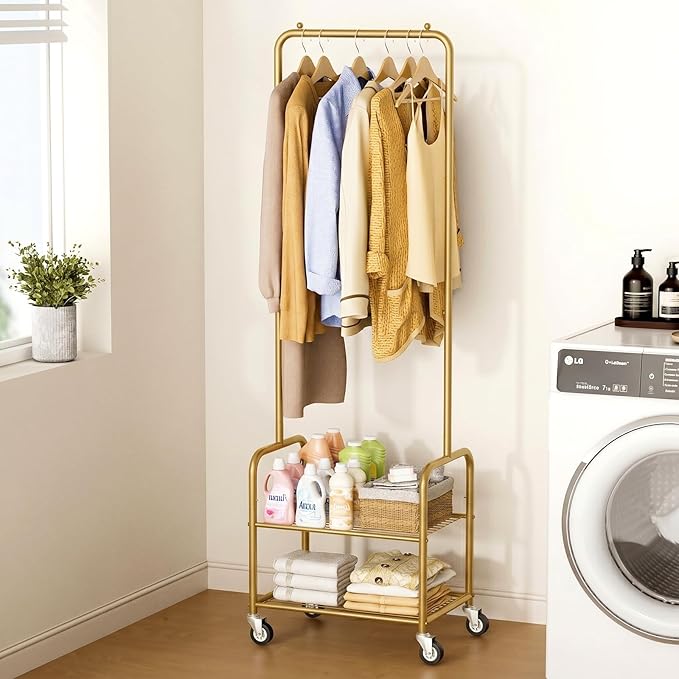 AOODA Small Clothes Rack with Shelves, Metal Sturdy Rolling Clothing Racks for Hanging Clothes, Portable Garment Rack with Wheels for Shirts, Coats, Shoes, Bags (Gold)
